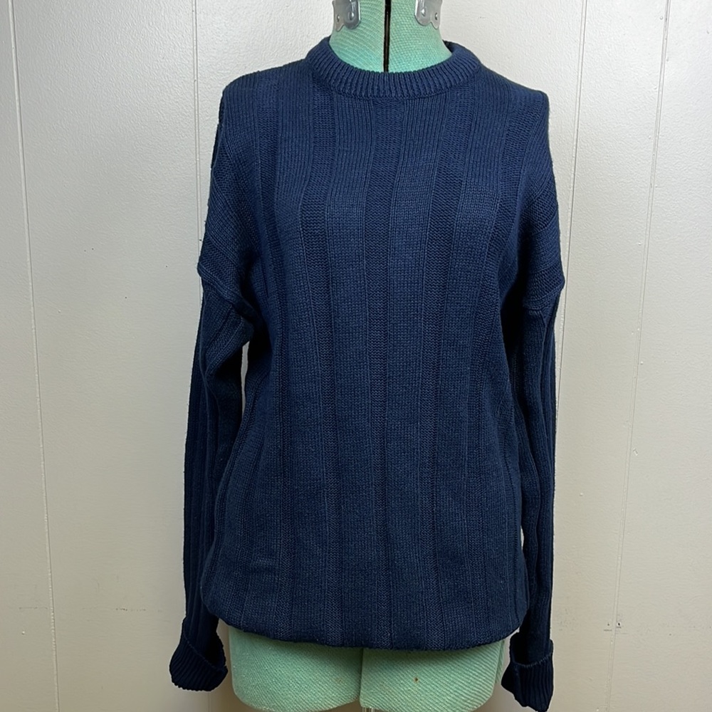 Vintage 90s Y2K Todays News Navy Blue Crewneck Ribbed Boyfriend Sweater Size Med